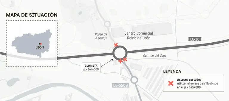 Cortes de tr&aacute;fico en la LE-20 de Le&oacute;n por las obras del paso inferior de La Granja del 13 al 15 de julio