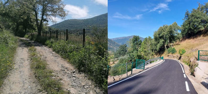 Antes y después del camino rural en Villablino con una inversión de más de 400.000 euros para potenciar el turismo de naturaleza en torno a la Reserva de la Biosfera de Laciana, en León