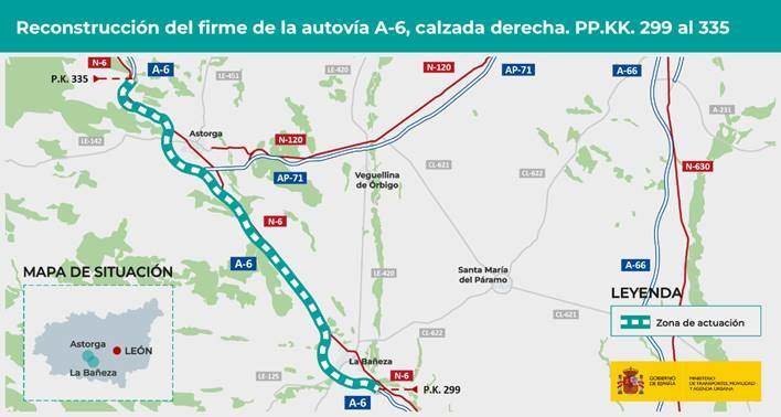 Rehabilitar la calzada derecha de la autovía A-6, entre La Bañeza y Astorga