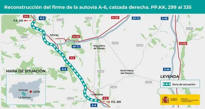 Rehabilitar la calzada derecha de la autov&iacute;a A-6, entre La Ba&ntilde;eza y Astorga