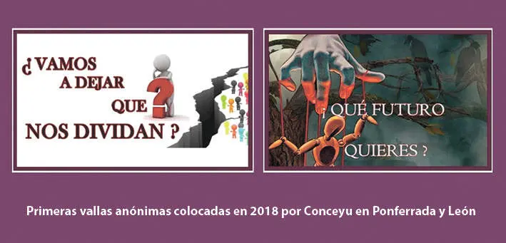 Primeras vallas an&oacute;nimas colocadas en 2018 por Conceyu en Ponferrada y Le&oacute;n