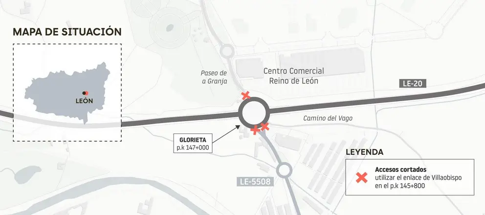 Cortes de tr&aacute;fico en la LE-20 de Le&oacute;n por las obras del paso inferior de La Granja del 13 al 15 de julio