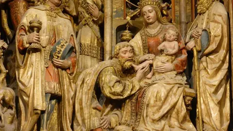 Escena central de la Epifan&iacute;a, o Adoraci&oacute;n de los Reyes Magos, en el retablo mayor de la Seo de Zaragoza. Arte g&oacute;tico, del siglo XV. Escultor: Hans de Suabia.