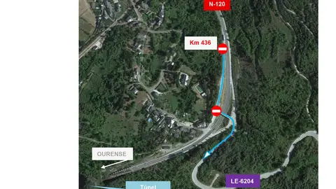 Corte de tr&aacute;fico N-120 km 436 (Sentido Ourense).
El tr&aacute;fico de la carretera N-120 en sentido Ourense se desviar&aacute; por la LE-
6204 hac&iacute;a la N-536 en el km 436 a la altura del paso superior de La Barosa.