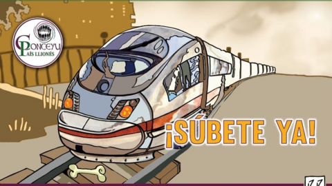 Conceyu llama a Le&oacute;n a movilizarse en pro del tren Ruta de la Plata con este cartel ilustrador por Ra&uacute;l el hijo de Lolo.