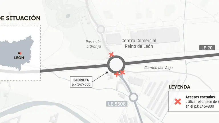 Cortes de tr&aacute;fico en la LE-20 de Le&oacute;n por las obras del paso inferior de La Granja del 13 al 15 de julio