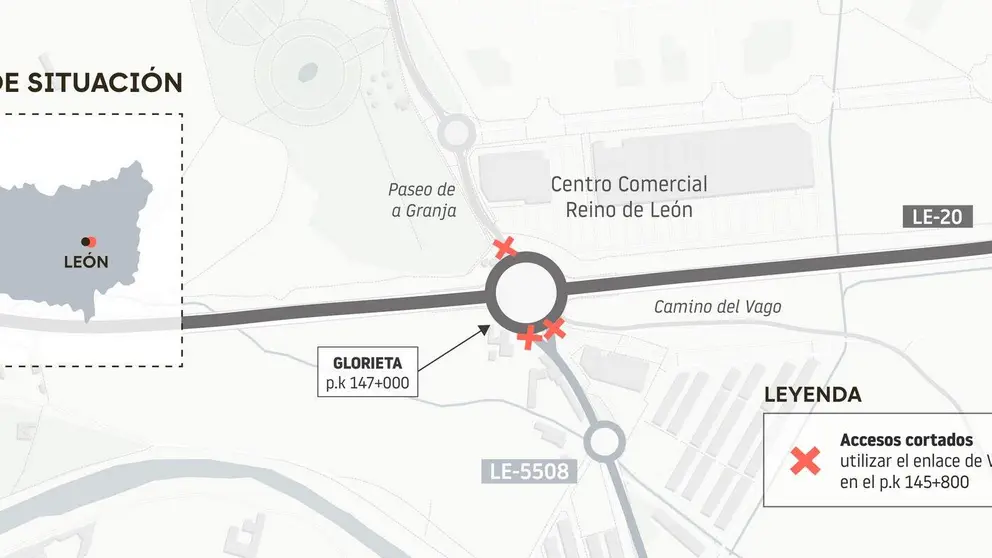 Cortes de tr&aacute;fico en la LE-20 de Le&oacute;n por las obras del paso inferior de La Granja del 13 al 15 de julio