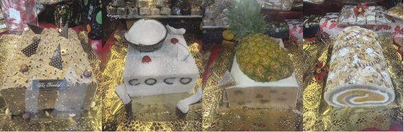 Los turrones de Yemas Zorita: Turrón de chocolate con avellanas, turrón de piña, de coco, turrón rajalmendra que se construye con chocolate, yema y mazapán blanco.